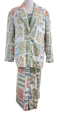 Vintage 80s Baccini Silk 3 Piece Skirt Suit Set Geometric Print Women's 18